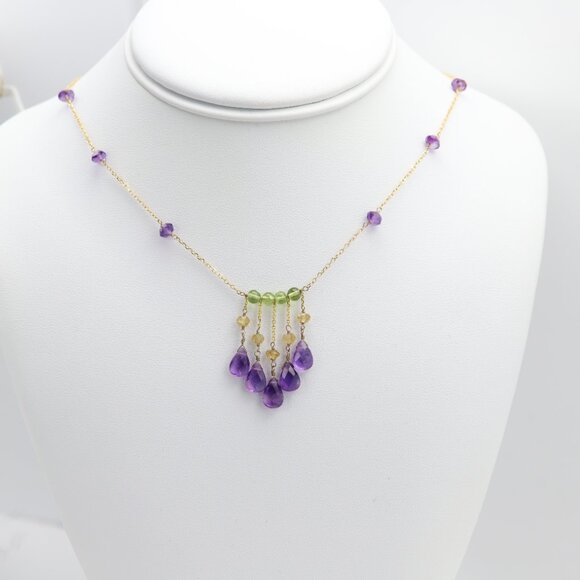 Amethyst Beaded Necklace 14k Yellow Gold Dangle Bead Necklace #001 - Picture 4 of 6